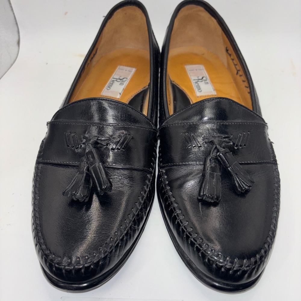 San Remo Mens Black Leather Tassel Loafers Made in Italy Size 10 M 320702